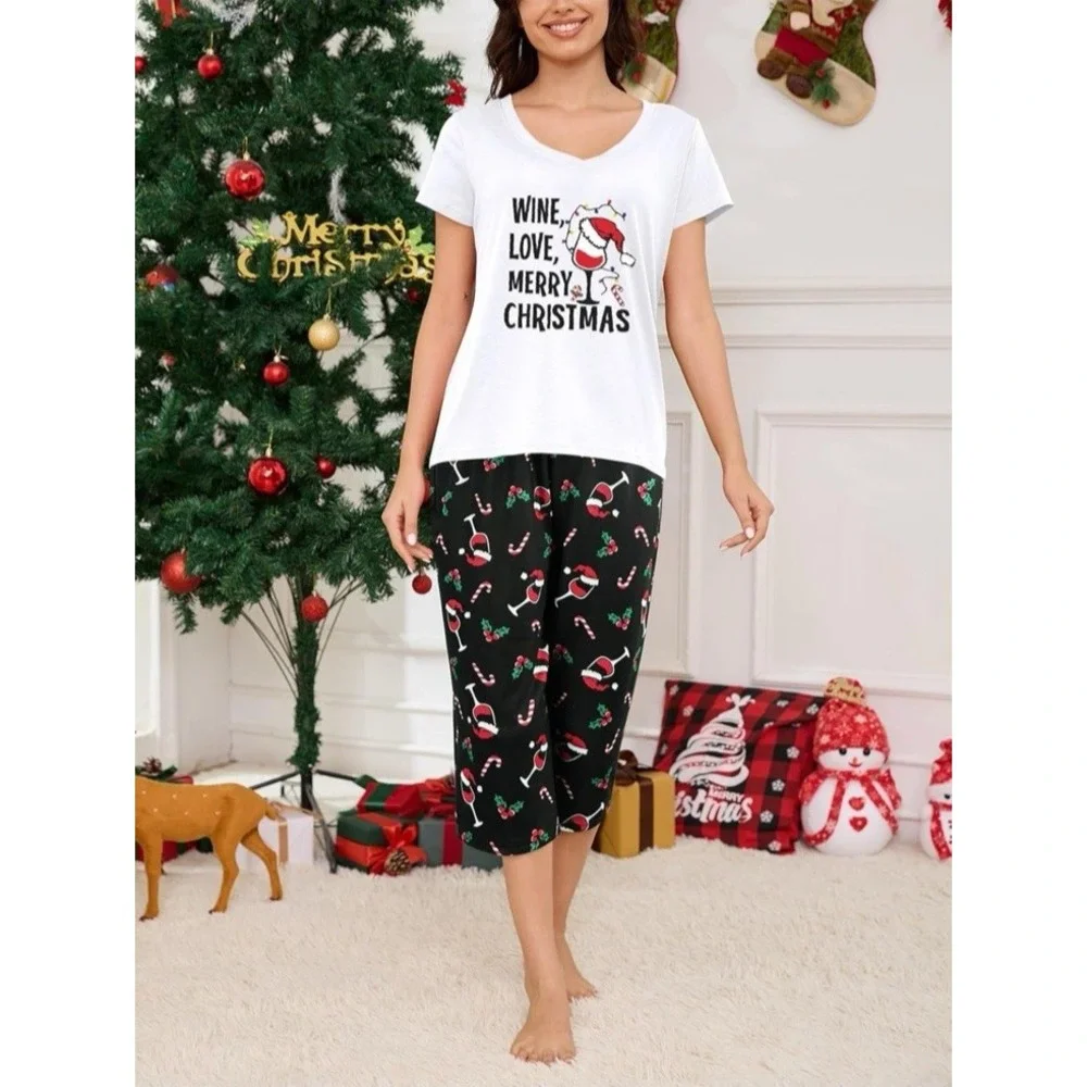 YIJIU S Women Soft Comfy Pajamas Wine Christmas Short Sleeve Capri Pants PJS Set